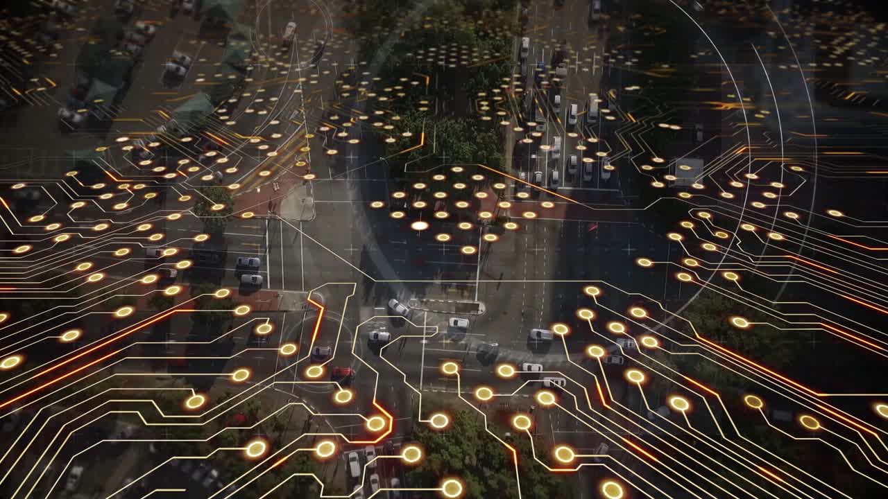 Animation of data processing over cityscape