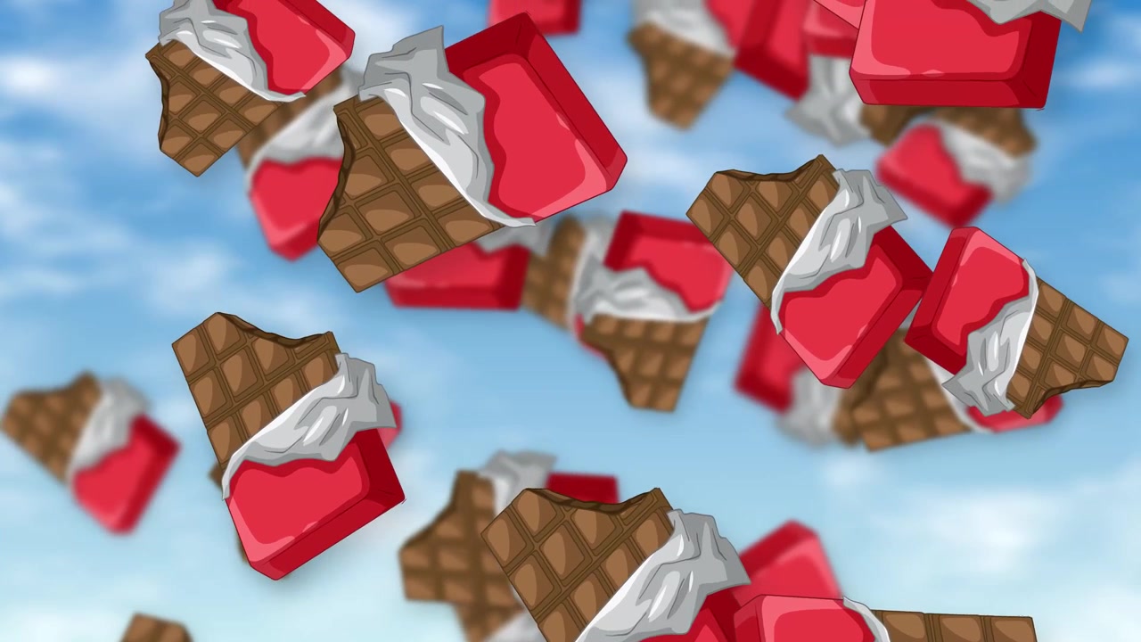 Barrette di dessert stilizzate con glassa rossa che cadono attraverso un cielo azzurro brillante con nuvole soffici