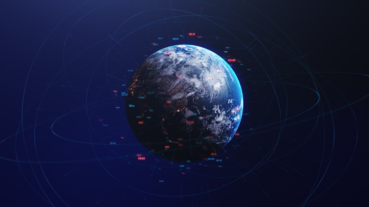 Futuristic planet earth hologram cyberspace world map of glowing dots hud big data circles
