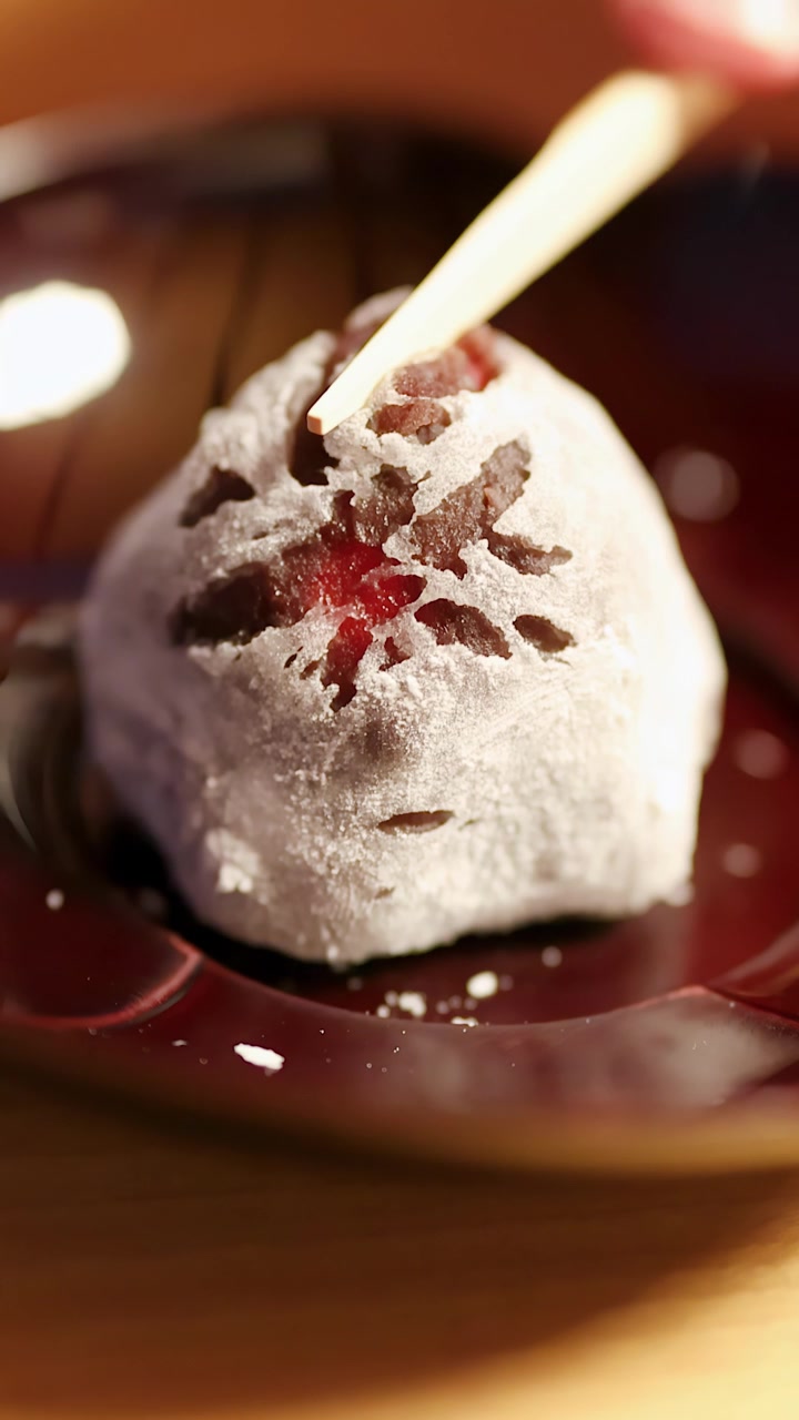 Ahşap bir kürdan, lake bir tabaktan bir parça kırmızı fasulye daifuku mochi'yi kaldırıyor.