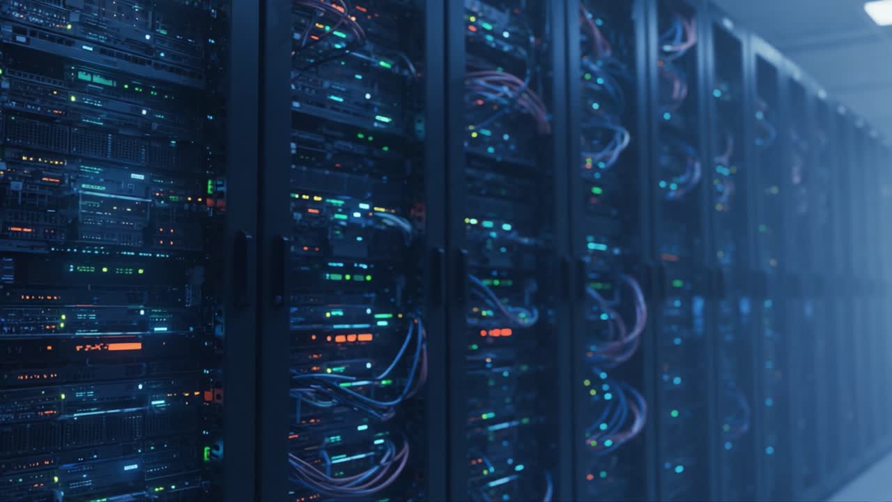 An Inside Look at a Modern Data Center Featuring Rows of High-Performance Servers with Multiple LED Indicators and Organized Cabling in a High-Tech Environment