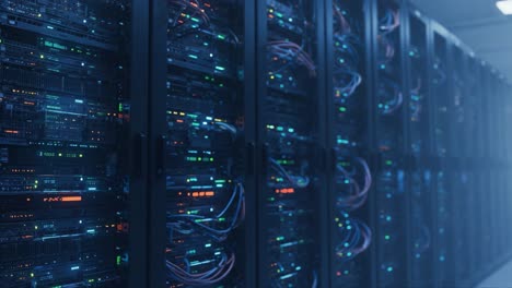an inside look at a modern data center featuring rows of high-performance servers with multiple led indicators and organized cabling in a high-tech environment