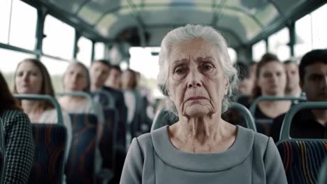 a somber reflection: an elderly woman's poignant journey captured on a bus, surrounded by a diverse group of passengers lost in their own thoughts