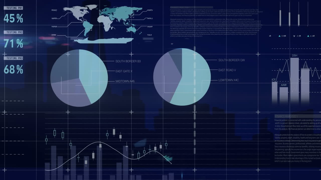 animación del procesamiento de datos estadísticos frente a una vista aérea del paisaje urbano