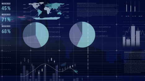 animation of statistical data processing against aerial view of cityscape