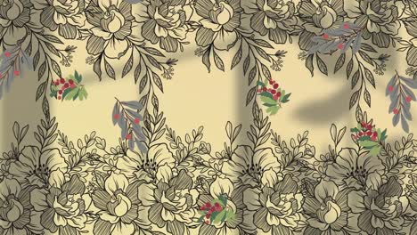 animación de un patrón de hojas con flores sobre fondo amarillo