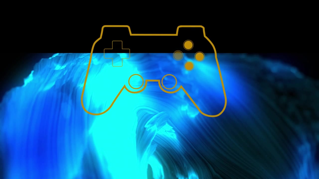 Animation of game controller over blue moving abstract pattern against black background