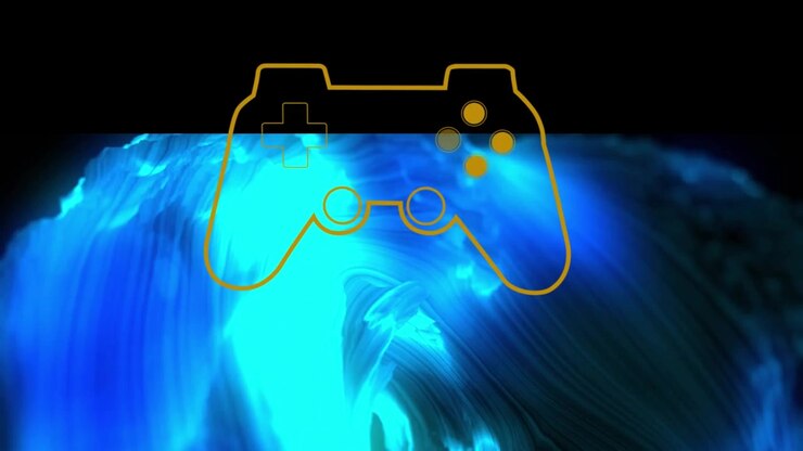 Animation of game controller over blue moving abstract pattern against black background