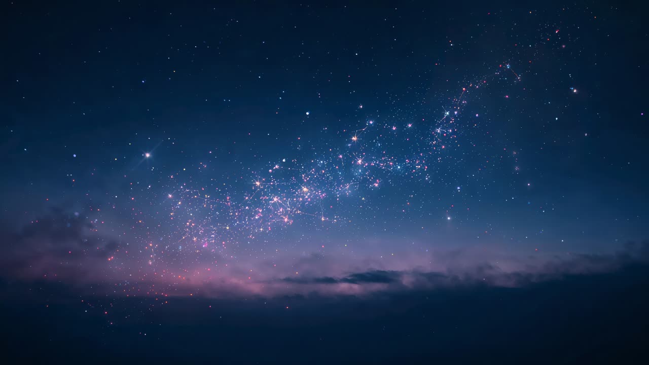 Twilight fading, Milky band star cluster gaining over night sky above low cloud bank, pinkish glow