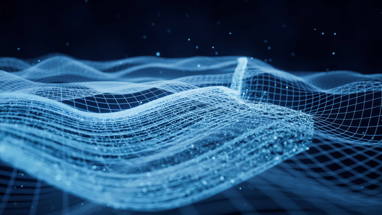 Flowing particles with glowing lines, 3d rendering.