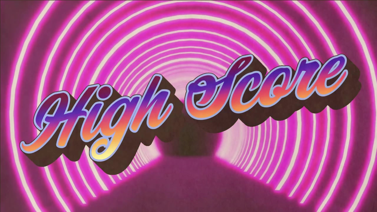 Testo 'High Score' su animazione di un tunnel al neon con luci rosa e viola vivaci