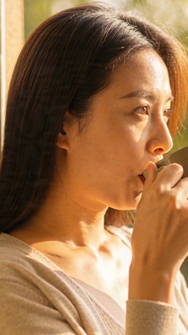 Video verticale: Donna asiatica che alza una tazza, sorseggia e assapora una bevanda vicino alla finestra, con un top beige e un auricolare.