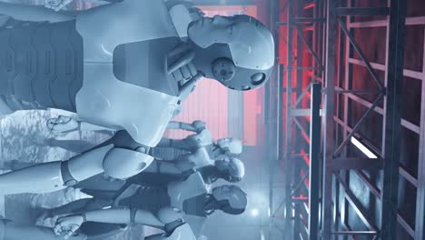 primer plano vertical de la fábrica de inteligencia artificial de robots humanoides que mueven su cabeza de un lado a otro desarrollo futurista inteligencia artificial animación de renderización 3d