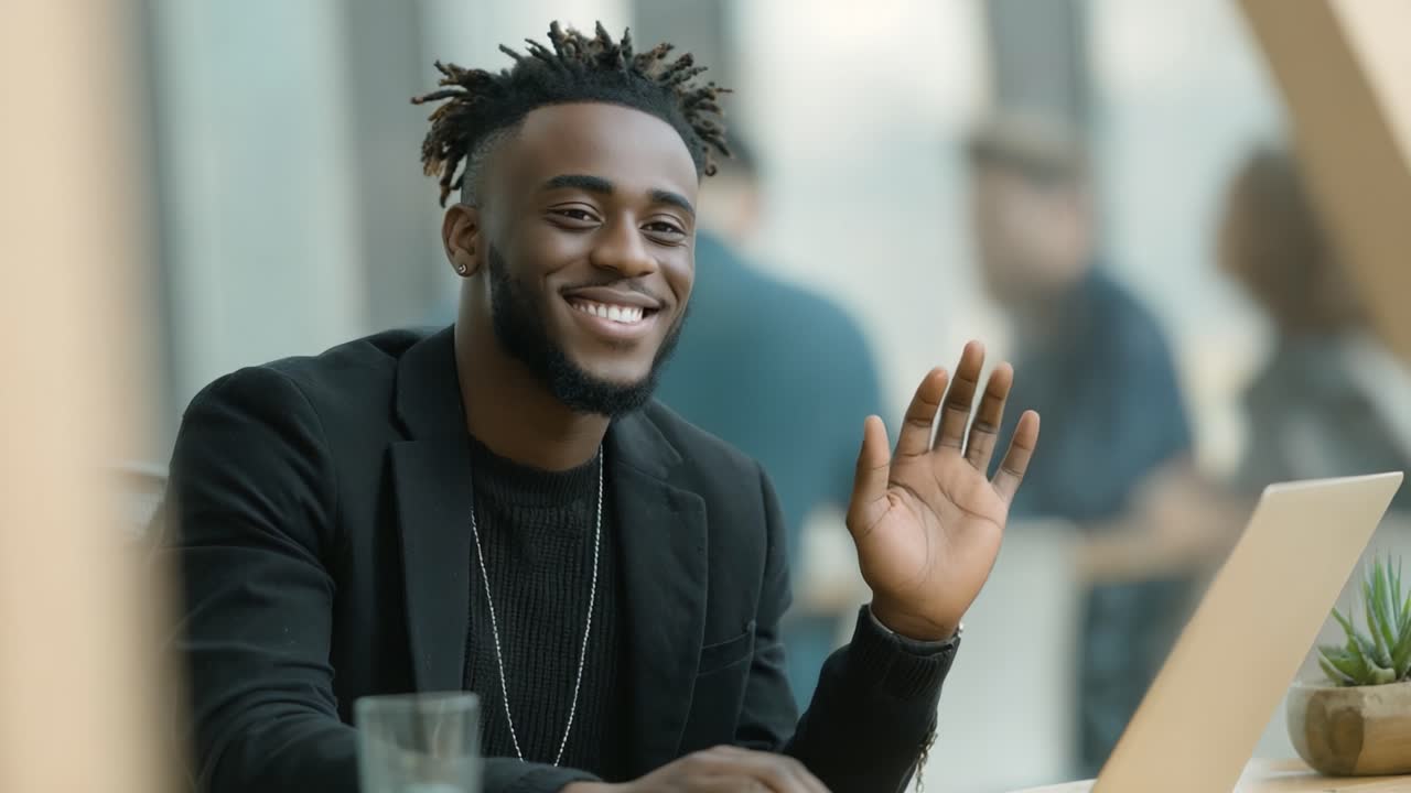 A Young Man Smiling and Waving at the Camera, Showcasing a Positive and Friendly Attitude While Sitting at a Table with a Laptop in a Bright Modern Workspace