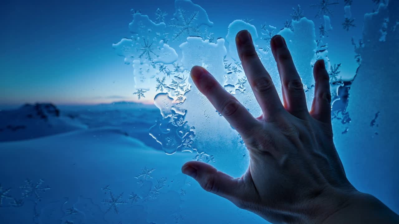 Pressing adult hand reacting to frost, spreading fingers on window in cabin clearing snowy horizon