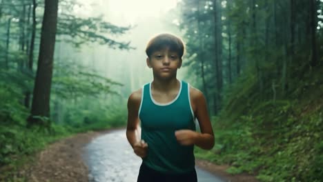 young boy running on forest trail