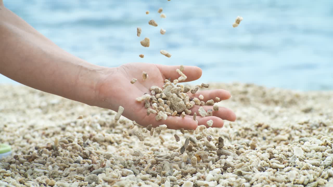 Coral Sand falling from hand in slow motion on a coral beach. Vacation and travel concept. Shot on super slow motion camera 1000 fps