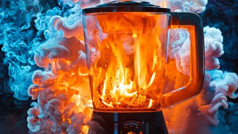 una licuadora con un frasco de vidrio lleno de fuego y humo