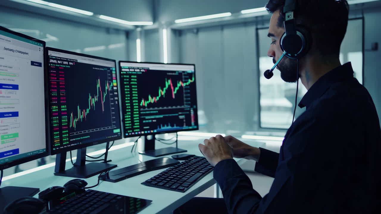 Man working on computer with stock market data