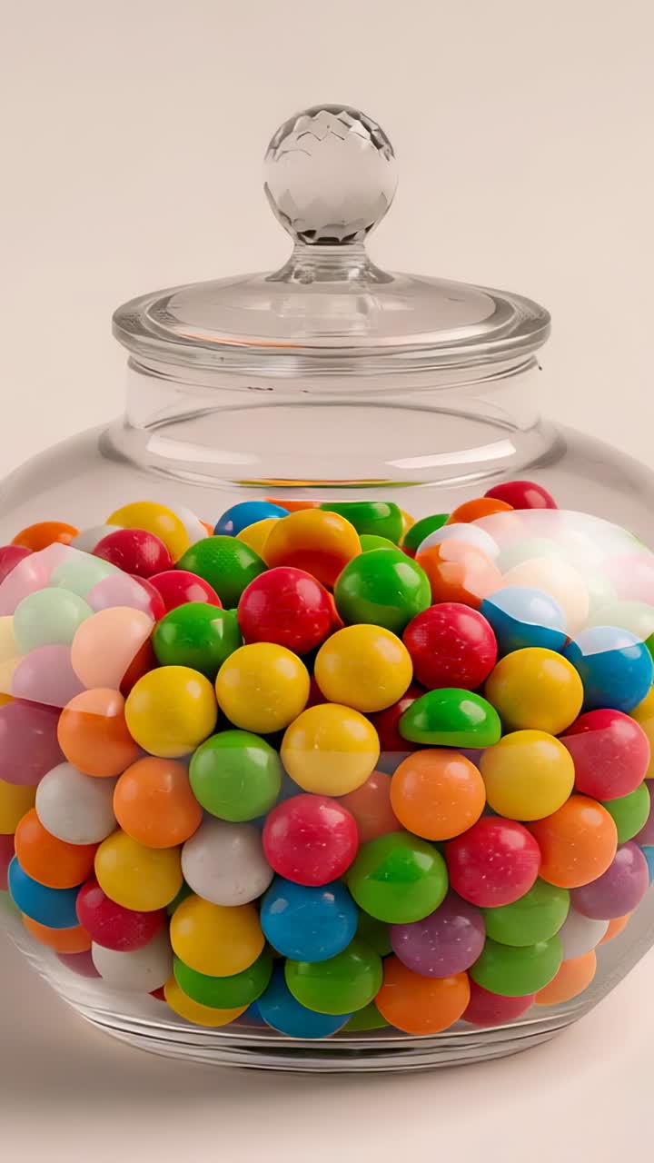 Vertical video: Panning clear glass candy jar on beige desk, showing faceted knob, candies shining