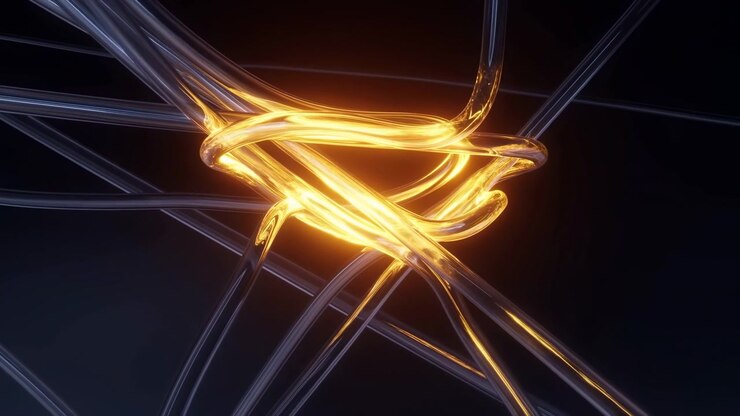 Warm orange ribbons of light bend, overlap, and slide among cool smoky lines, creating a concentrated luminous knot with sweeping curves and strong contrast against black.