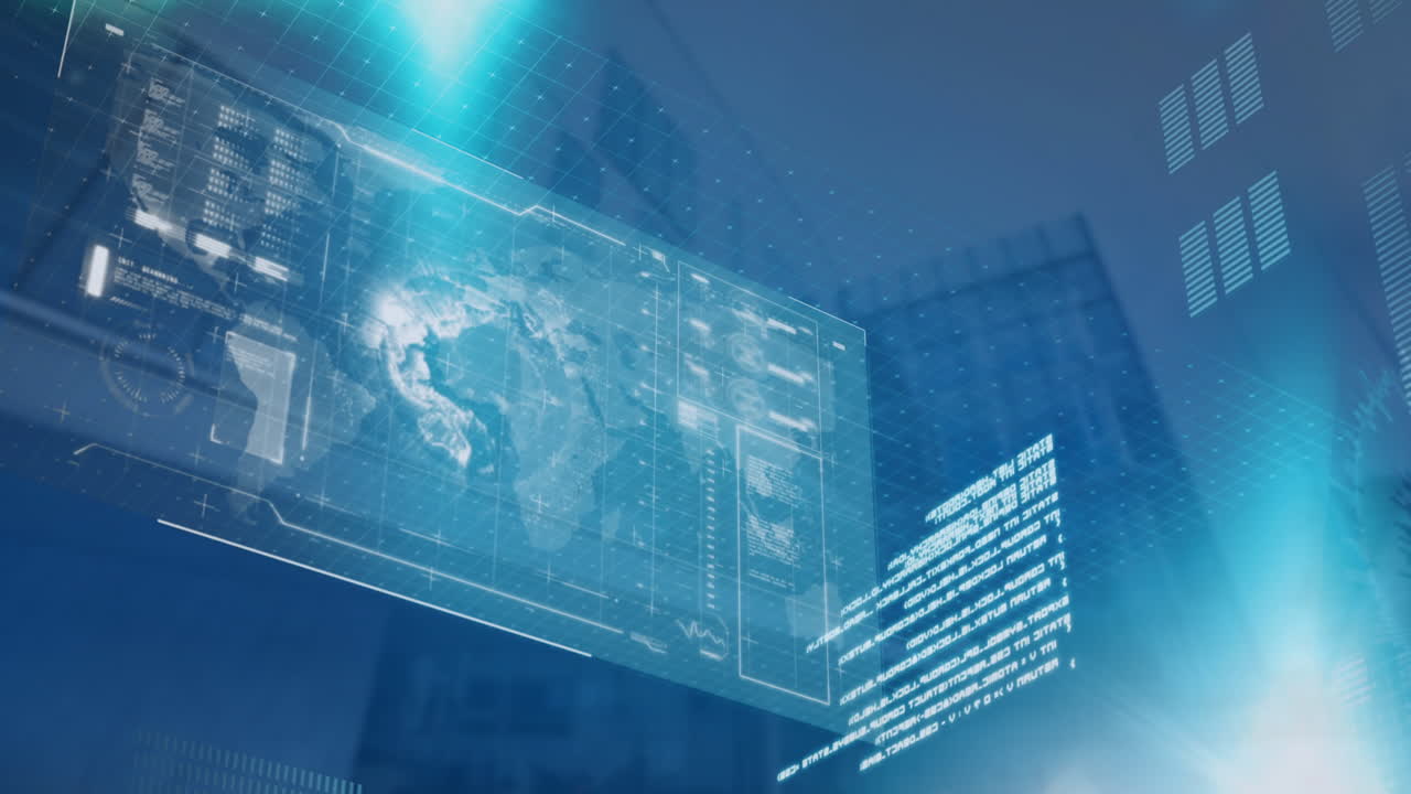 전 세계에 대한 컴퓨터 언어의 애니메이션, 로딩 바, 건물의 낮은 각도 뷰에 대한 원