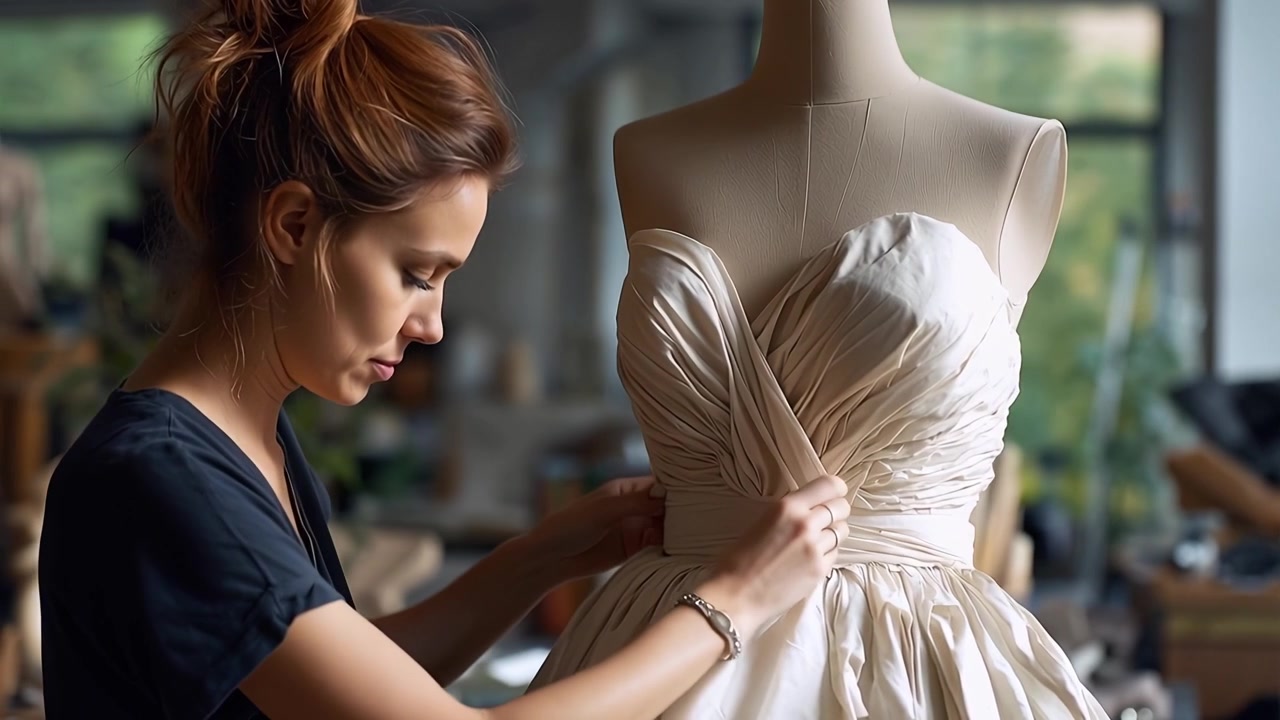 Créatrice de mode travaillant sur une robe sur un mannequin.