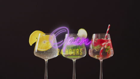 animation of open 24 hours neon text and cocktails on black background