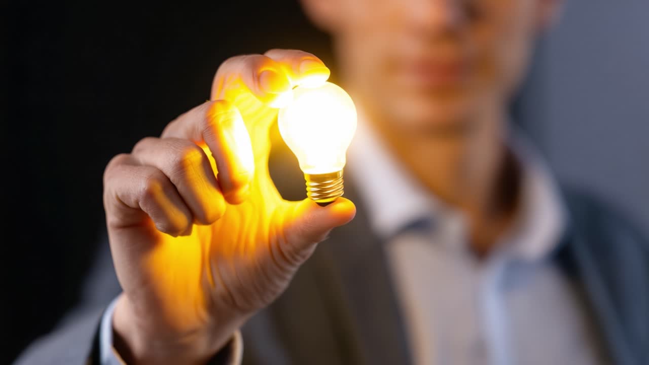 A person holds a glowing light bulb symbolizing innovation, creativity, and new ideas against a dark background in a professional setting, inspiring imagination and progress