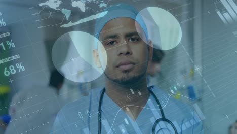 Animation-of-financial-graphs-over-biracial-male-doctor