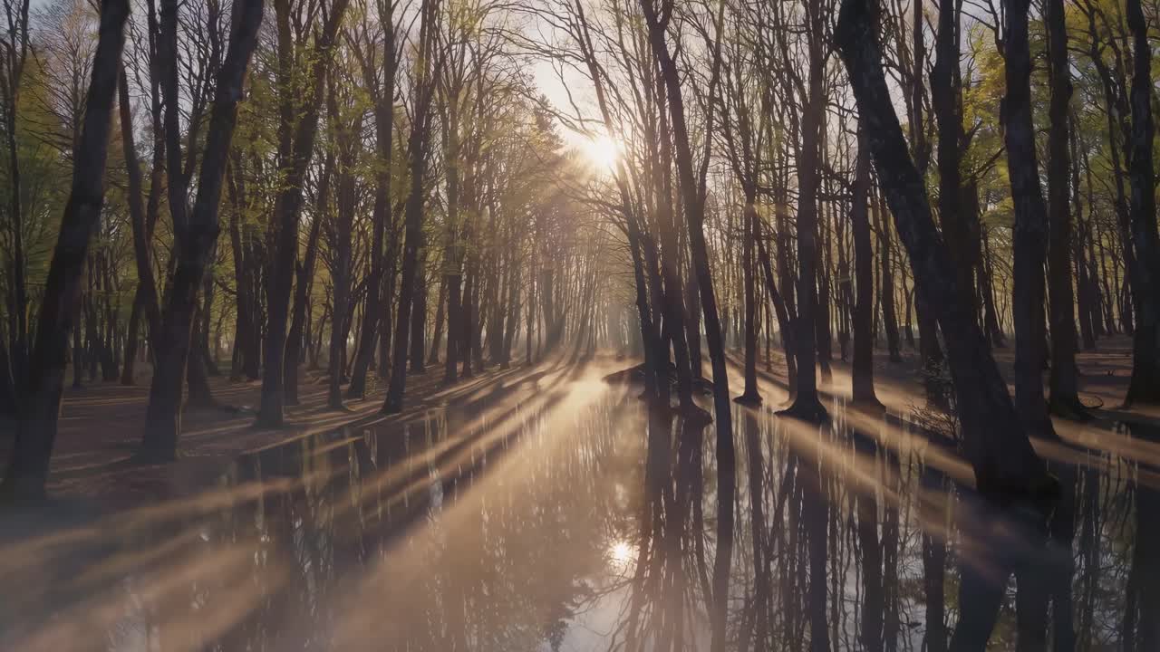 Serene forest scene with mist over a reflective pond, captured at sunrise from a low angle