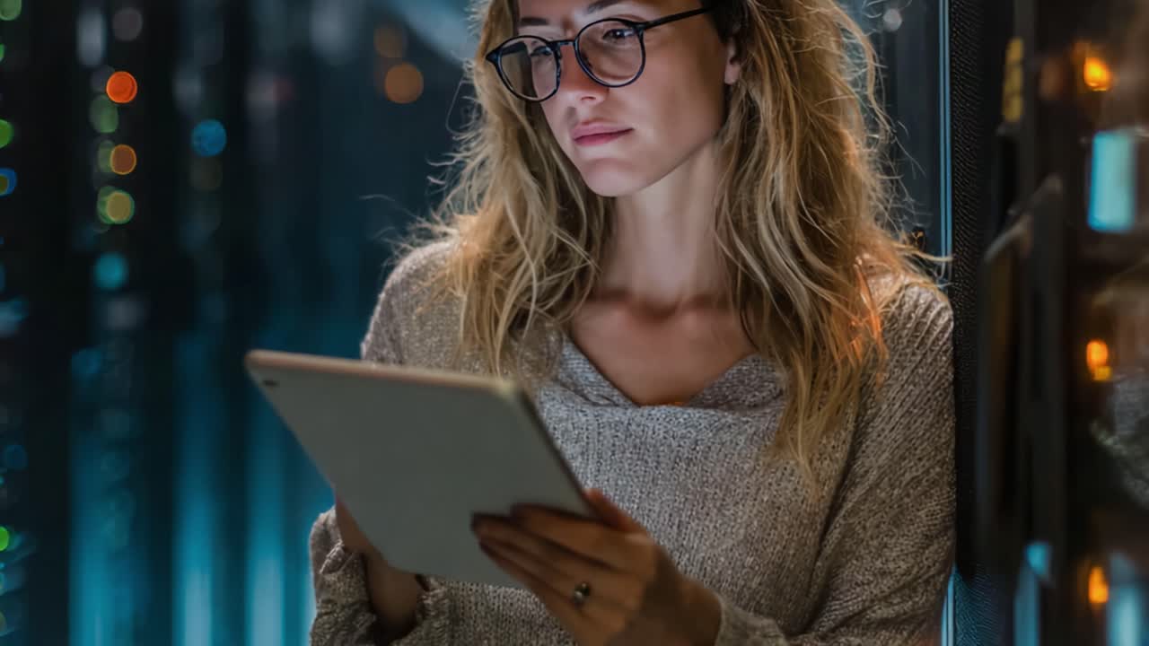 Focused Professional Analyzing Data on Tablet in High-Tech Server Room, Highlighting the Intersection of Technology and Personal Insight