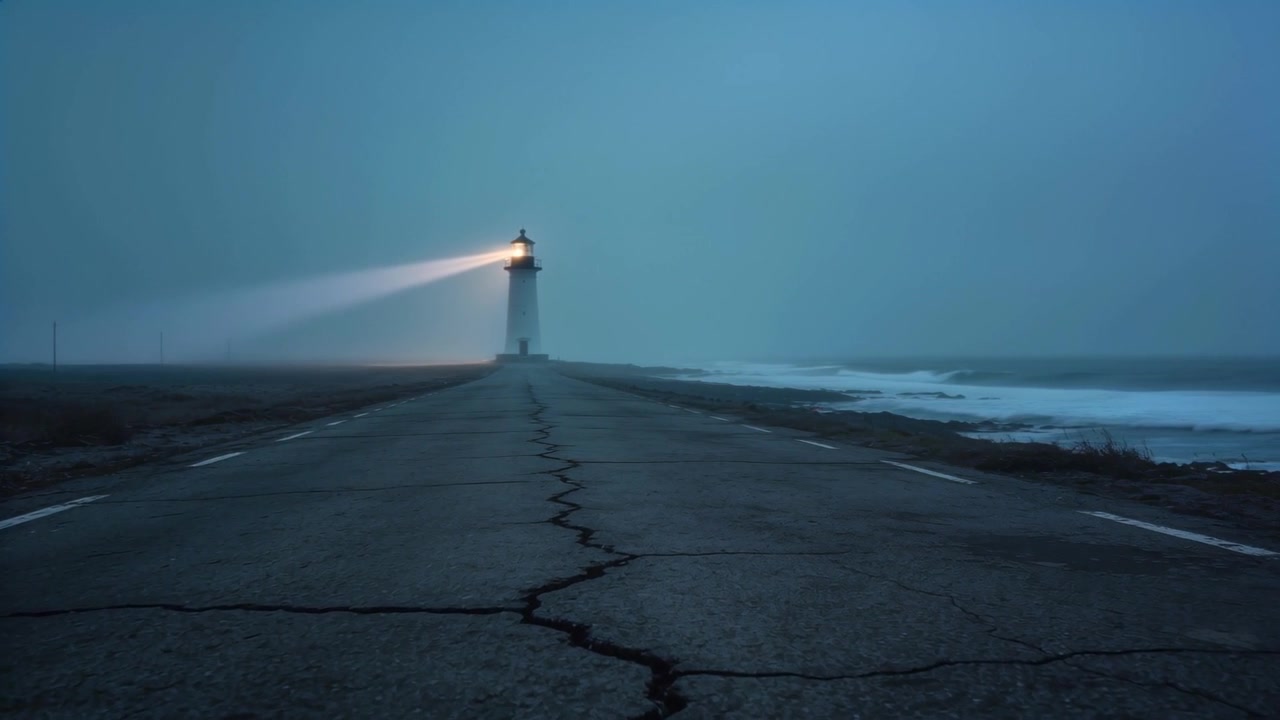 Un faro bianco si accende, ruotando e spazzando la nebbia su una strada asfaltata crepata, guidando le navi.