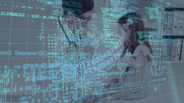 Data processing over caucasian female doctor examining hand of caucasian girl at hospital