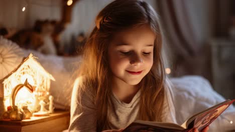 young girl reading in bed at christmas time
