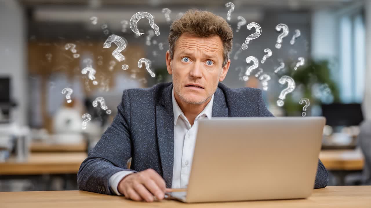 A bewildered man stares at his laptop, surrounded by floating question marks, expressing confusion and uncertainty in a modern office setting