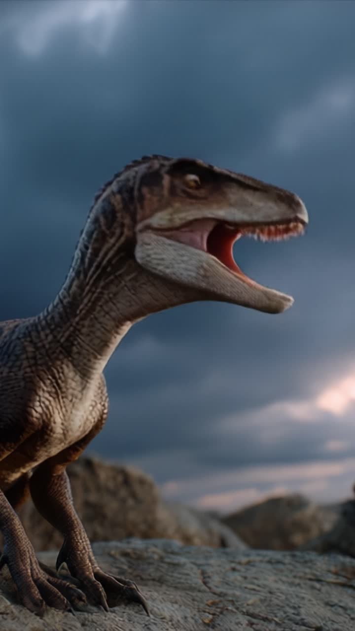 Un dinosauro feroce ruggisce contro un cielo drammatico, mostrando la sua potente presenza e maestosità preistorica in un'ambientazione paesaggistica naturale epica.