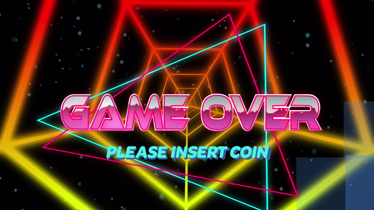 게임의 애니메이션은 텍스트 배너를 통해 네온 육각형 터널을 통해 원활한 패턴으로 회전합니다.