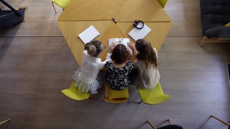 female students discussing great ideas in library, top view