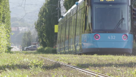 a modern tram travels the buzzing bugs green tram tracks in the centre of oslo