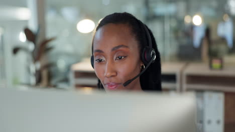 Call-center,-night-and-business-woman-in-office