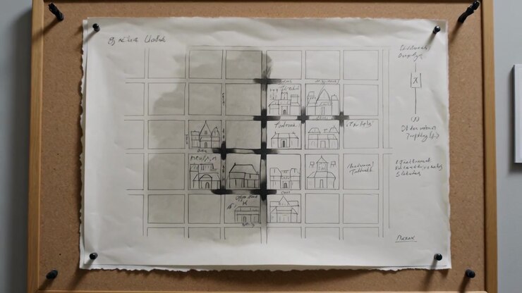 Pulling back camera, pinned sheet showing sketch grid on board, stain obscuring central sketches