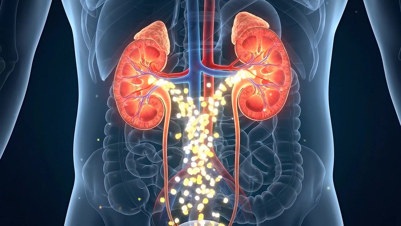 Transparent lower torso showing kidneys ureters and urinary bladder in close view