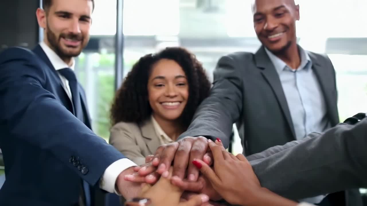 High-angle video of diverse team joining hands in unity, showcasing teamwork and collaboration