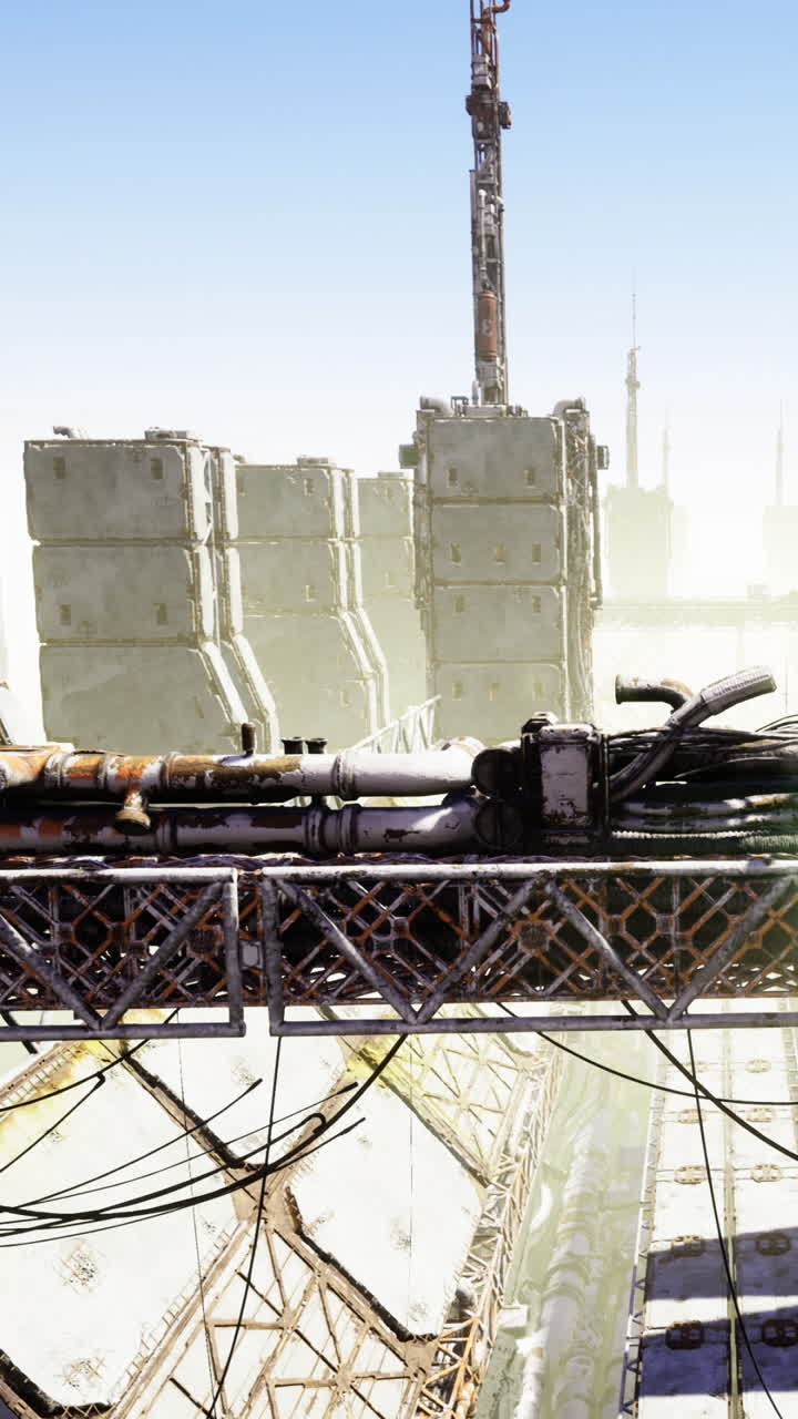 Industrial setting with containers and structures under a clear sky