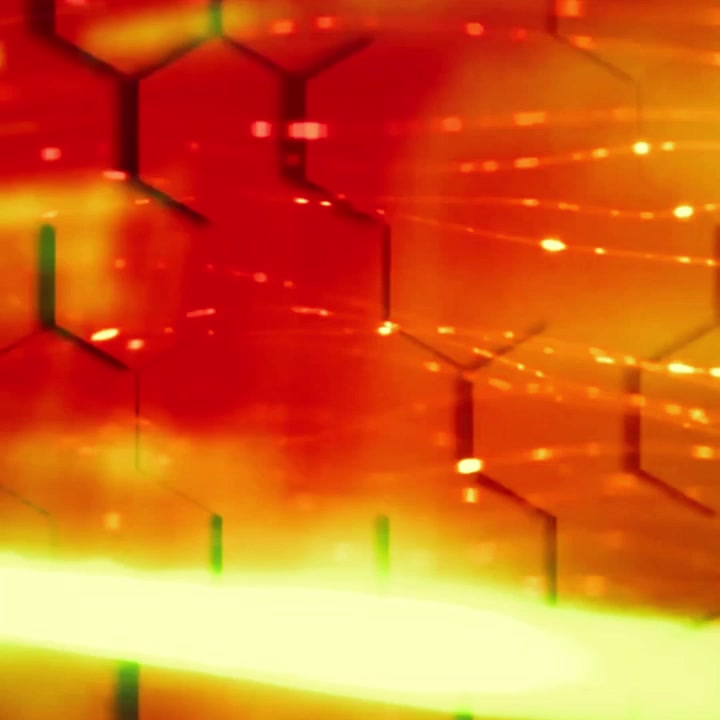 Sfondo astratto dinamico con esagoni luminosi e scie di luce.