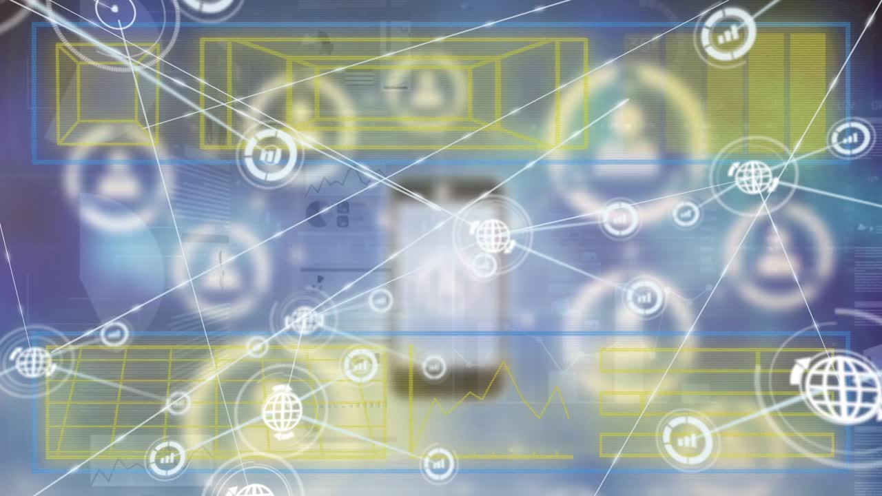 Animation of network of digital icons over abstract geometric shapes and smartphone icon