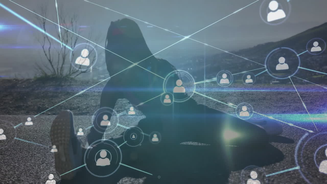 Female runner stretching roadside, using tech with animated network nodes and glowing links