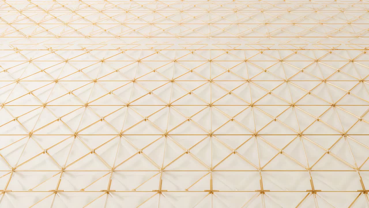 Panning camera scanning cream-colored quilted canopy in hall, revealing gold nodes and cables