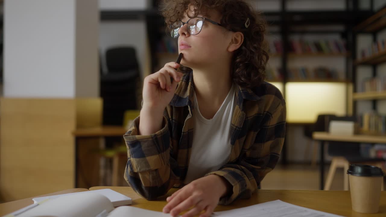 una estudiante pensativa con el cabello rizado hace notas en un cuaderno mientras estudia en la biblioteca de la universidad